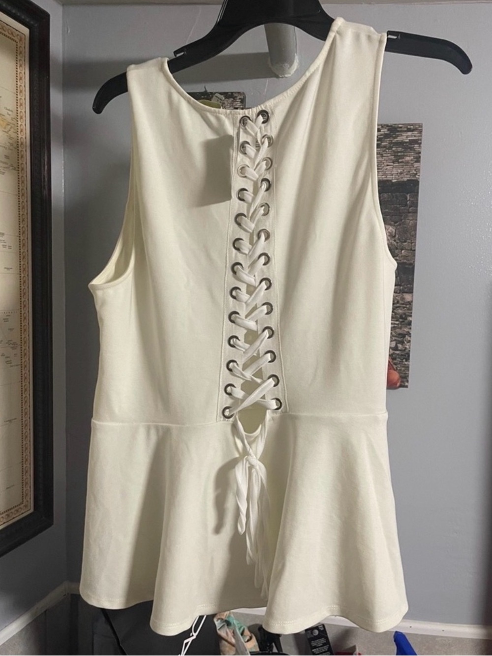 Forever 21 Cream Lace-Up Back Peplum Top